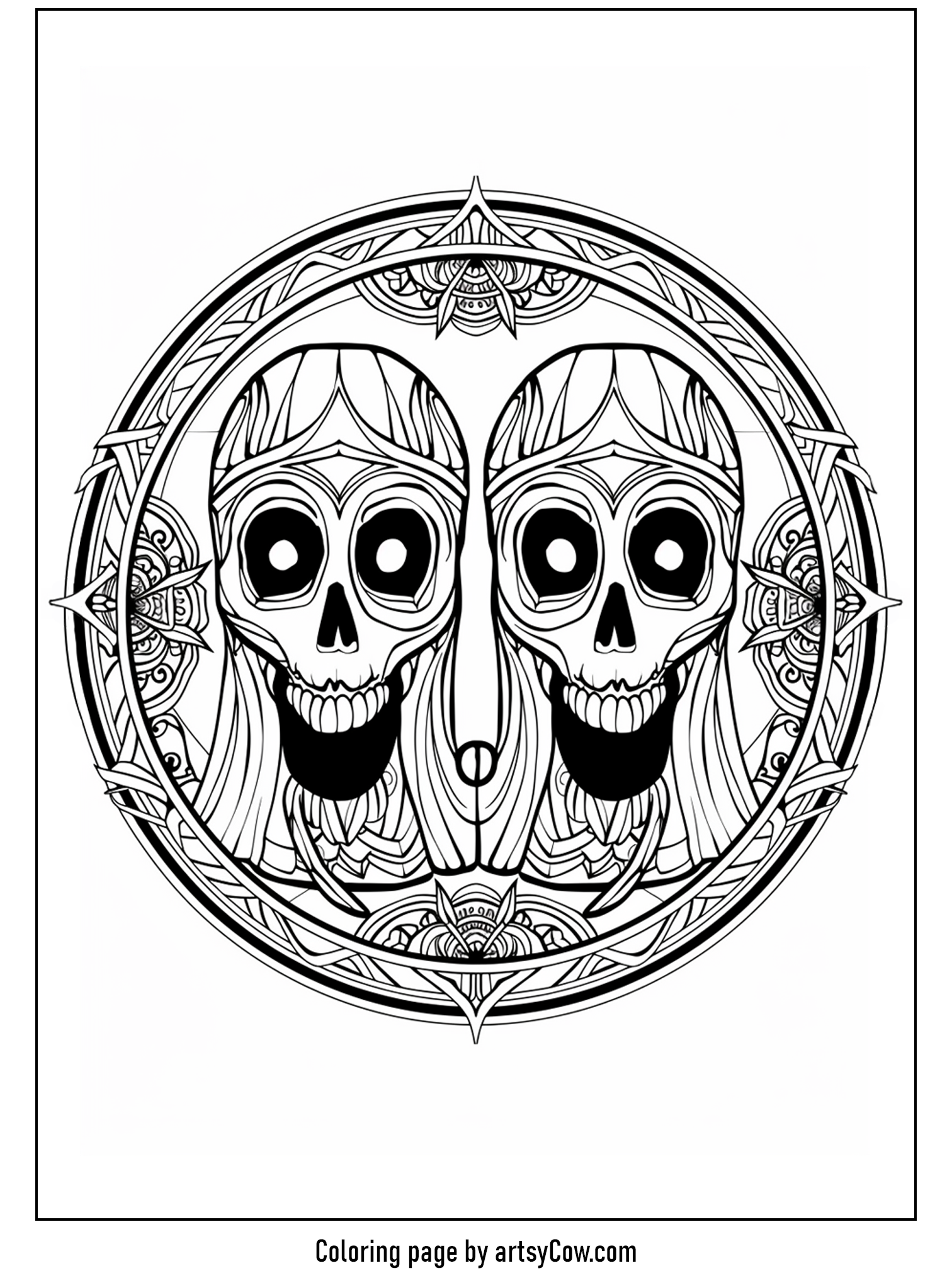 halloween ghost mandala featuring two artistic ghostly skulls within a circular mandala pattern.
